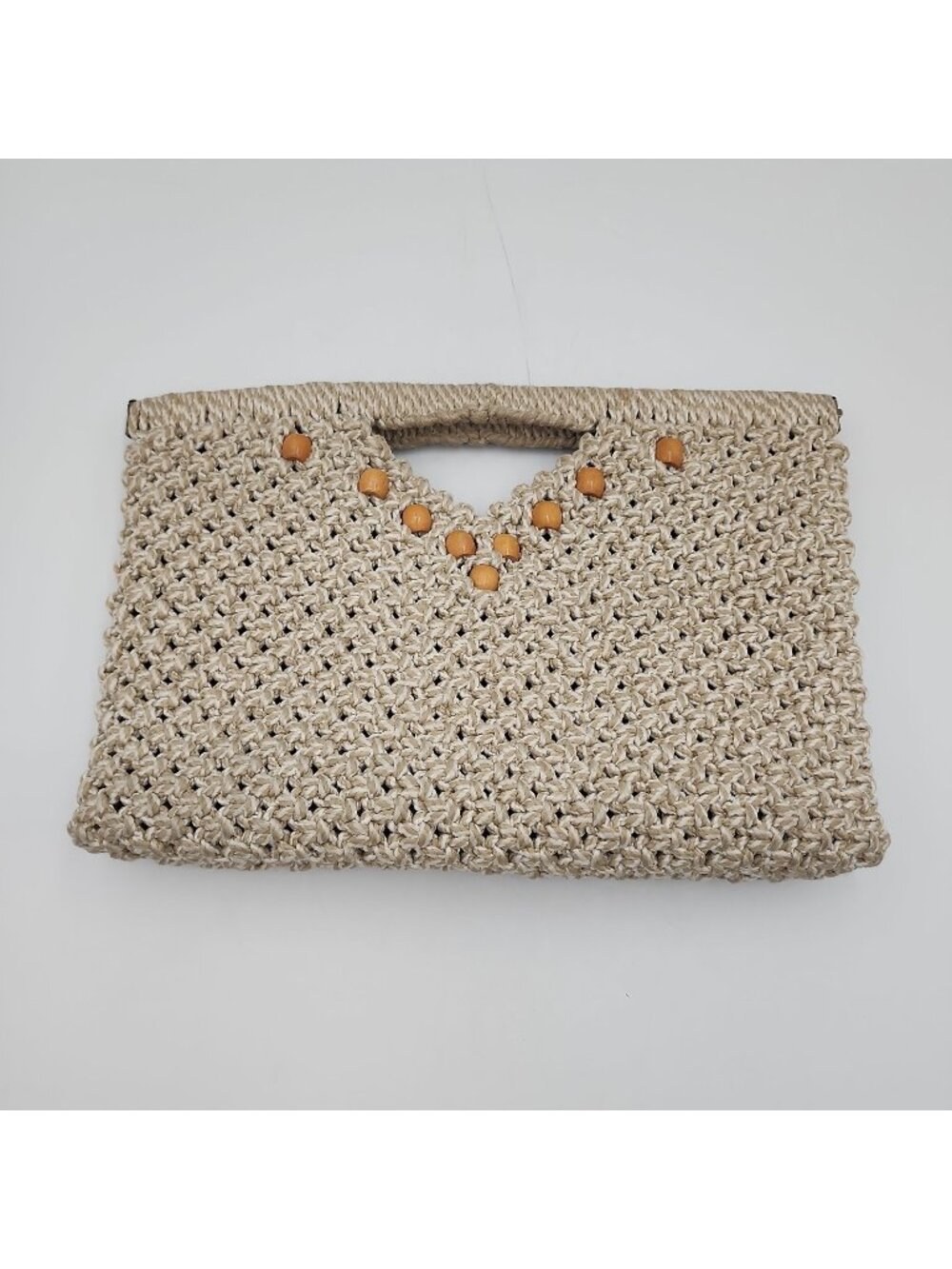 MCI Vintage Macrame Ivory Purse W/Wood Handles Hinge Closure Boho 70s Style 11x7